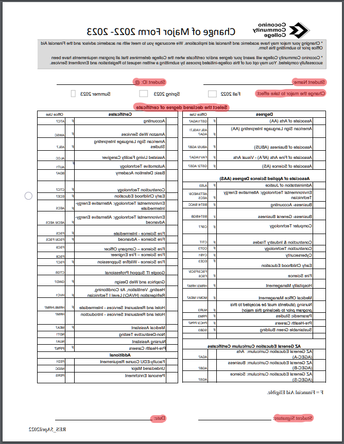 红色高亮表示填充Name, Student ID, Date, 检查申报专业, 学期换专业即将生效, 及学生在更改主修表格上的签名部分